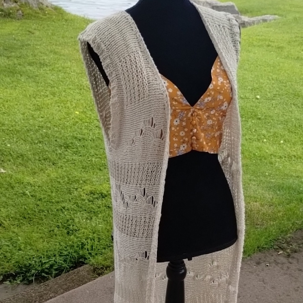 Beige Knit Long Vest With Fringe
